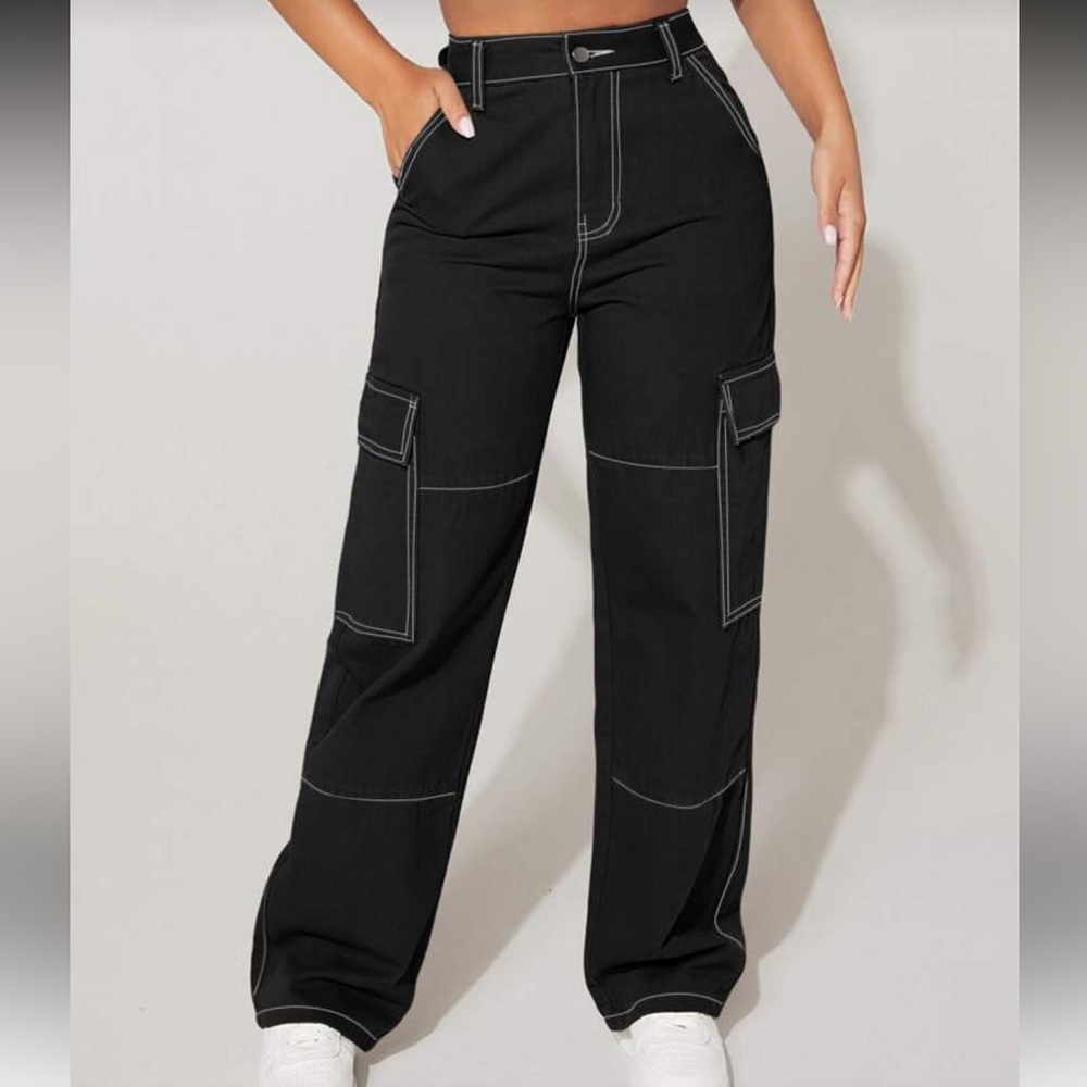Black Cargo Pants with White Stitching